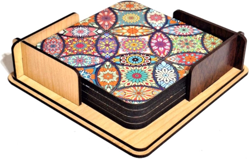 4 squared wooden coasters 9.5 x 9.5 cm - with holder - CSW-02